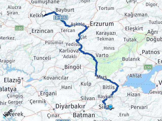 Siirt Demirözü Bayburt Arası Kaç Km - Yol Haritası