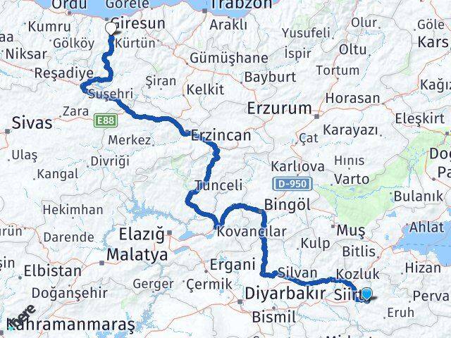 Siirt Dereli Giresun Arası Kaç Km - Yol Haritası