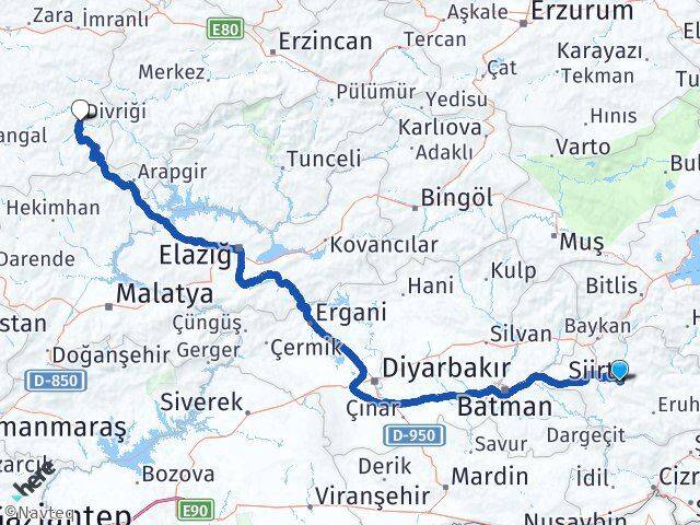 Siirt Divriği Sivas Arası Kaç Km - Yol Haritası