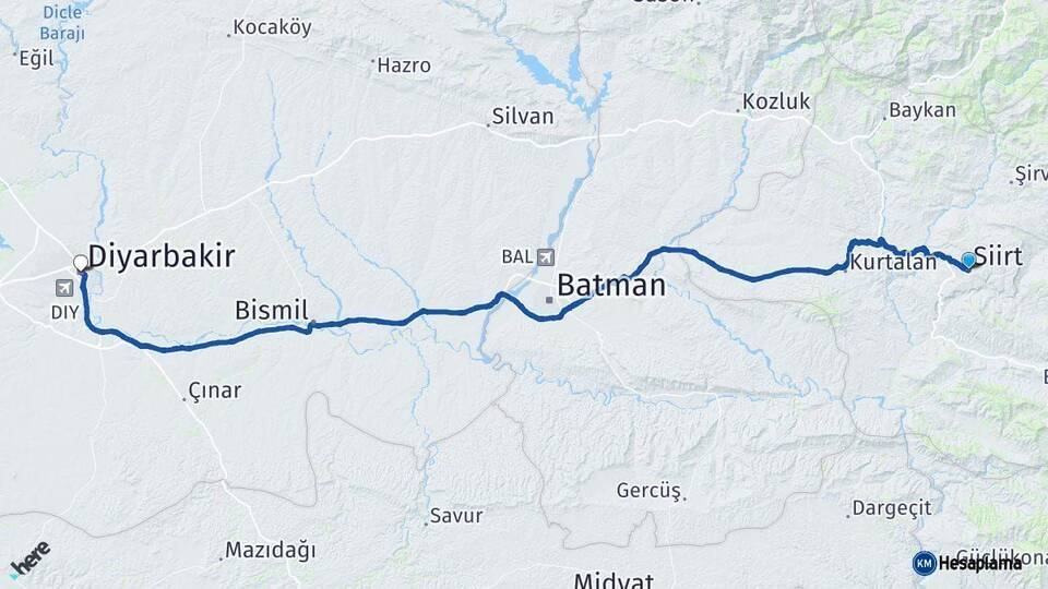 Siirt Diyarbakır Arası Kaç Km - Yol Haritası