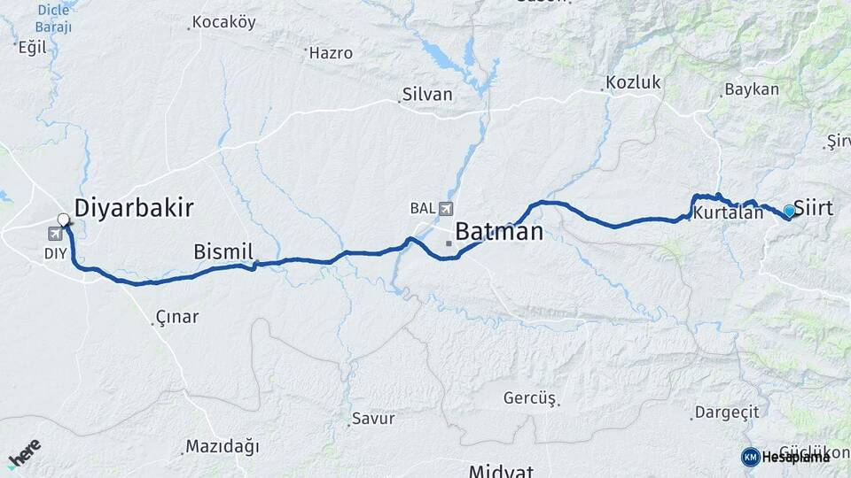Siirt Diyarbakır Havalimanı Arası Kaç Km - Yol Haritası