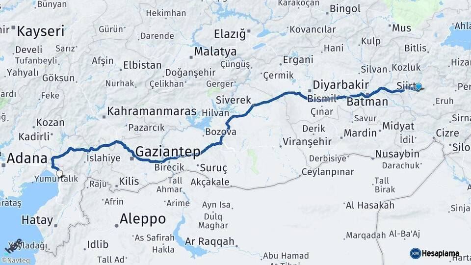 Siirt Dörtyol Hatay Arası Kaç Km - Yol Haritası