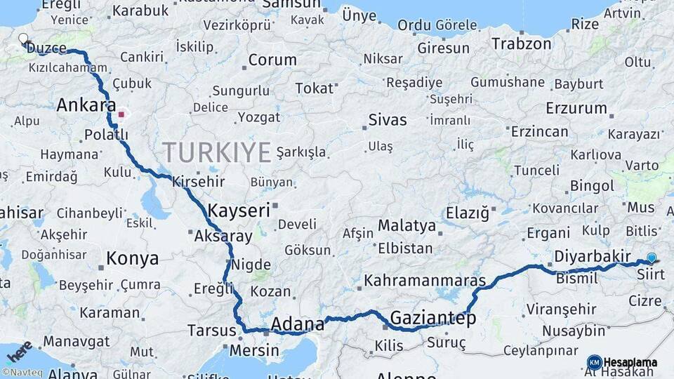 Siirt Düzce Arası Kaç Km - Yol Haritası