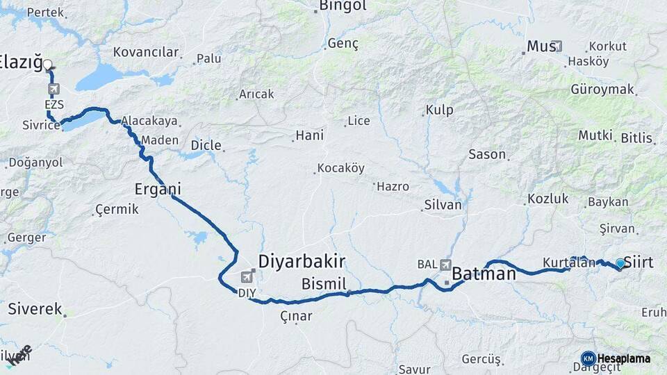 Siirt Elazığ Arası Kaç Km - Yol Haritası