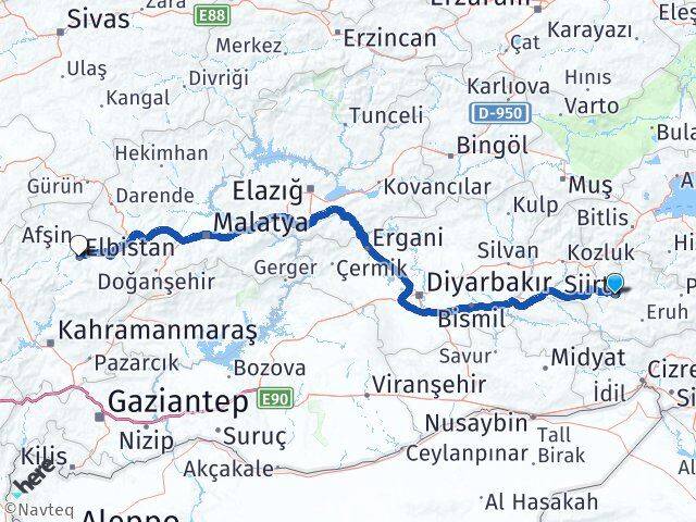 Siirt Elbistan Kahramanmaraş Arası Kaç Km - Yol Haritası