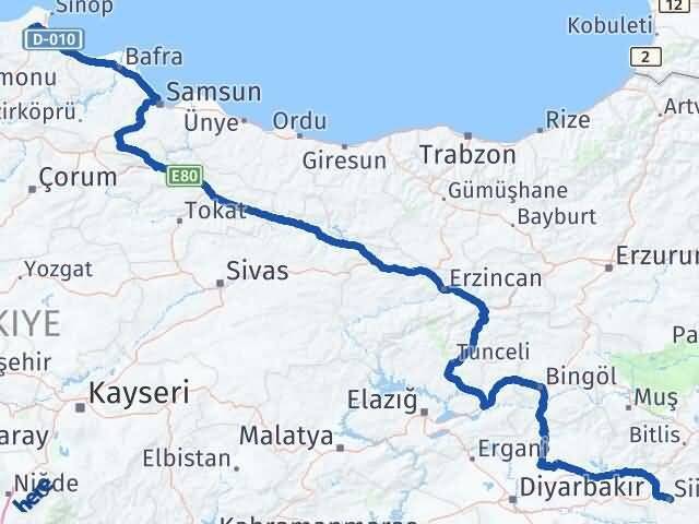 Siirt Erfelek Sinop Arası Kaç Km - Yol Haritası