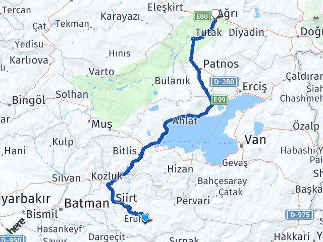 Siirt Eruh Ağrı Arası Kaç Km - Yol Haritası