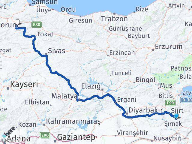 Siirt Eruh Amasya Arası Kaç Km - Yol Haritası