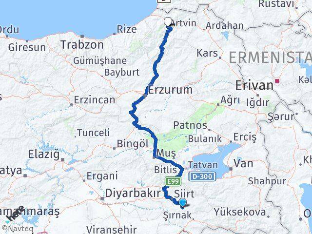 Siirt Eruh Artvin Arası Kaç Km - Yol Haritası