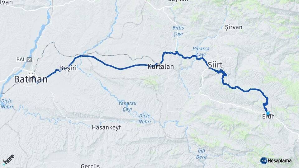Siirt Eruh Batman Arası Kaç Km - Yol Haritası