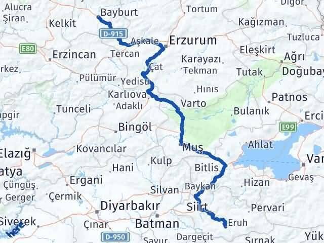Siirt Eruh Bayburt Arası Kaç Km - Yol Haritası