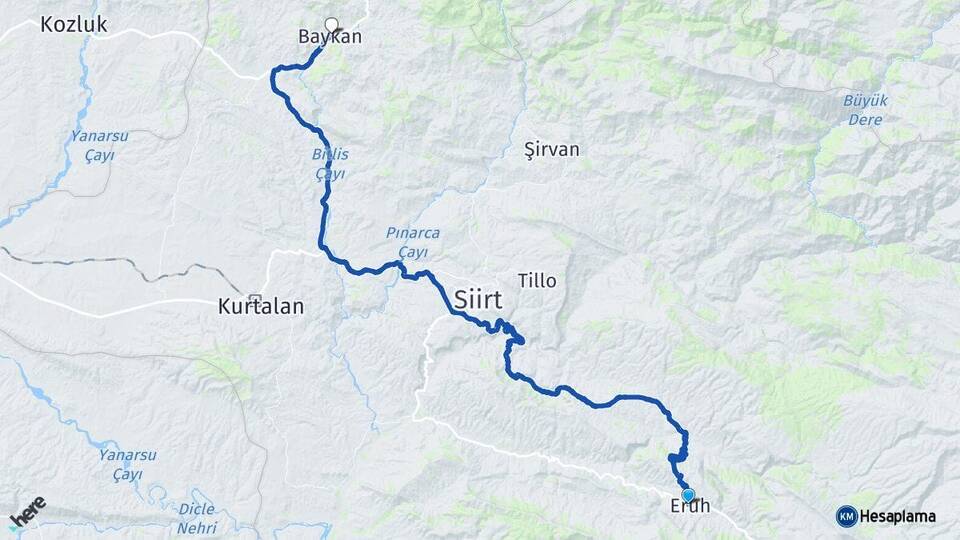 Siirt Eruh Baykan Arası Kaç Km - Yol Haritası