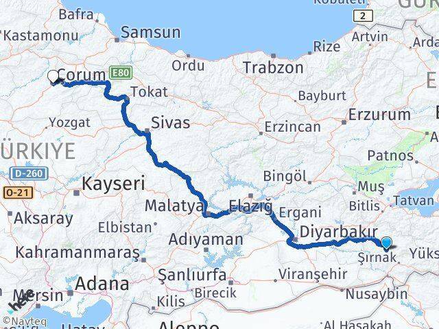 Eruh Çorum Arası Kaç Km - Yol Tarifi