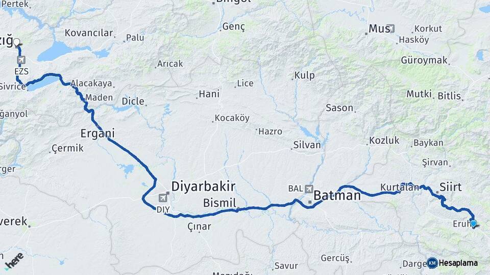 Siirt Eruh Elazığ Arası Kaç Km - Yol Haritası