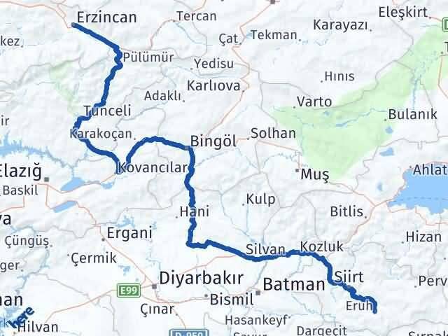 Siirt Eruh Erzincan Arası Kaç Km - Yol Haritası
