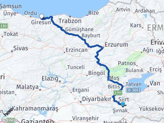 Siirt Eruh Giresun Arası Kaç Km - Yol Haritası