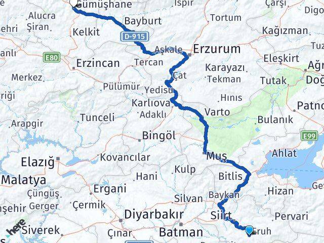 Siirt Eruh Gümüşhane Arası Kaç Km - Yol Haritası