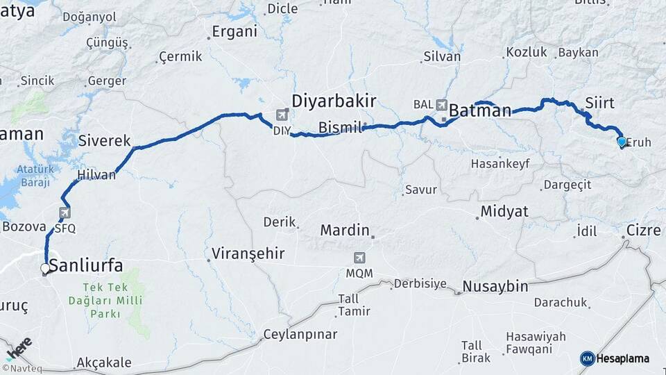 Siirt Eruh Şanlıurfa Arası Kaç Km - Yol Haritası