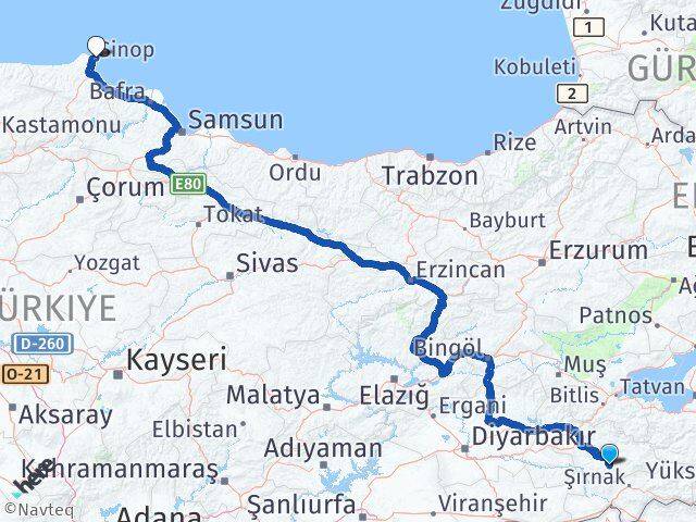 Siirt Eruh Sinop Arası Kaç Km - Yol Haritası