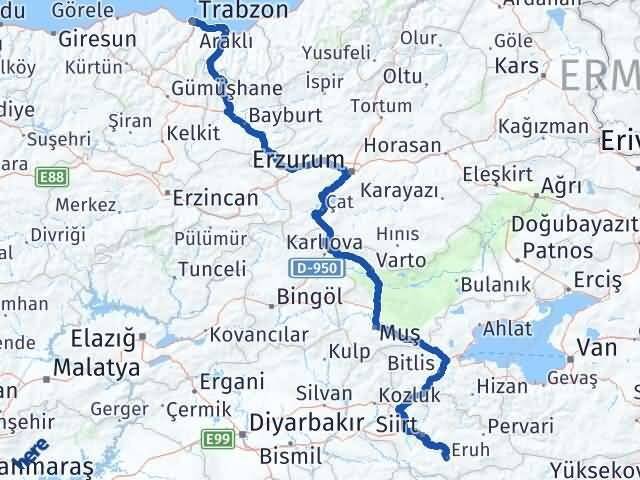 Siirt Eruh Trabzon Arası Kaç Km - Yol Haritası
