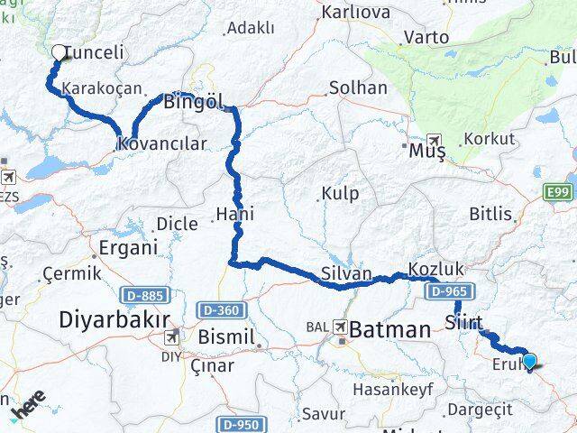 Siirt Eruh Tunceli Arası Kaç Km - Yol Haritası