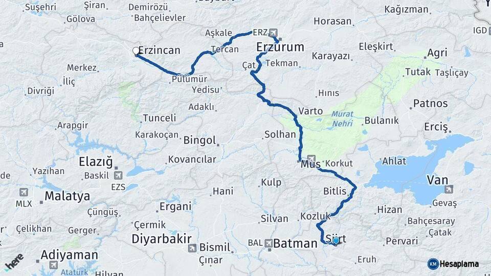 Siirt Erzincan Arası Kaç Km - Yol Haritası