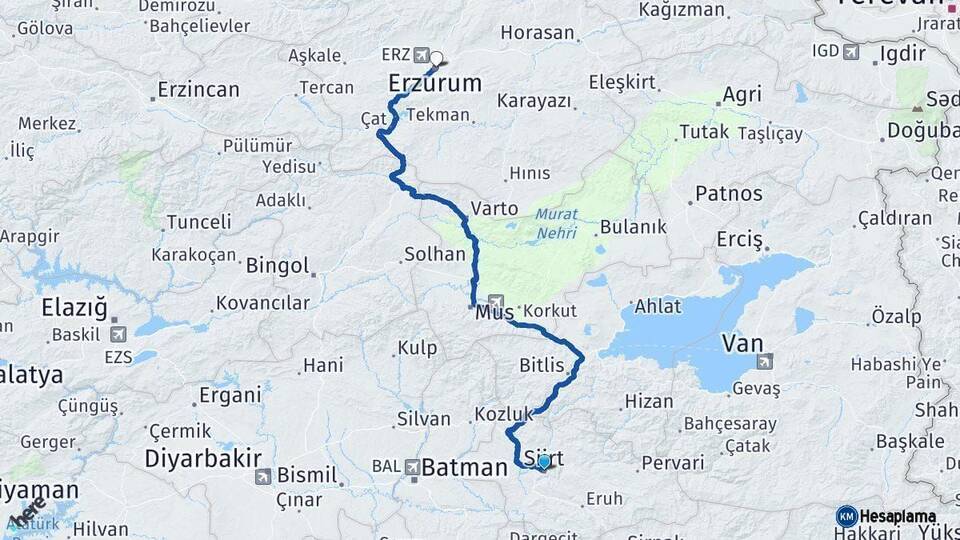 Siirt Erzurum Arası Kaç Km - Yol Haritası