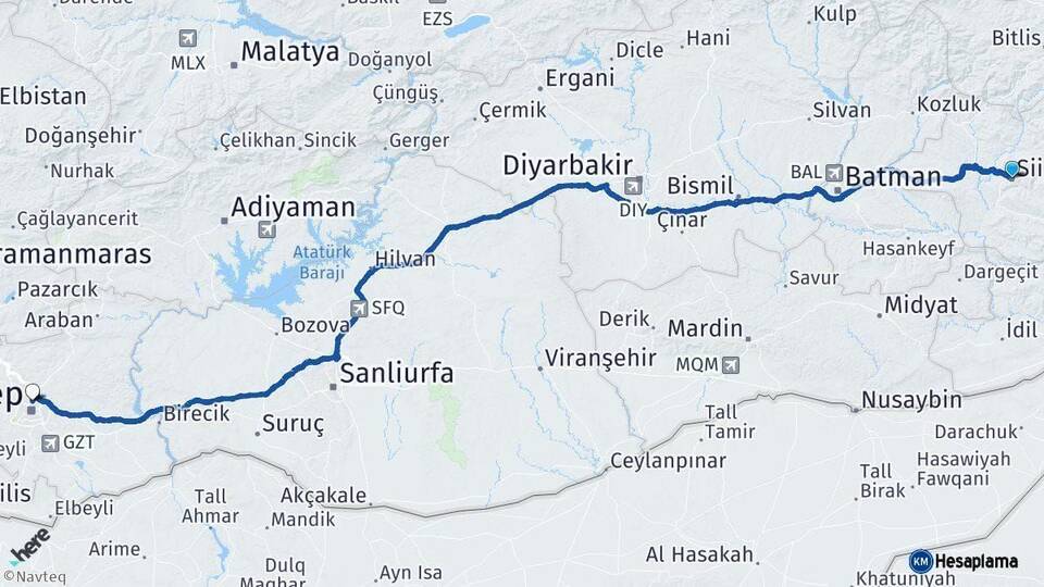 Siirt Gaziantep Arası Kaç Km - Yol Haritası