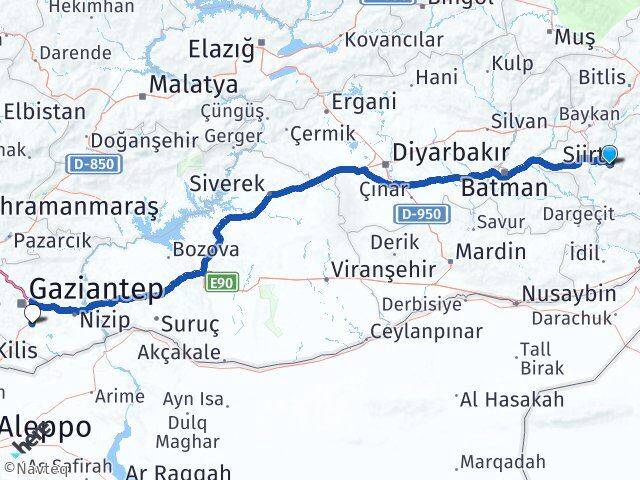 Siirt Gaziantep Havalimanı Arası Kaç Km - Yol Haritası