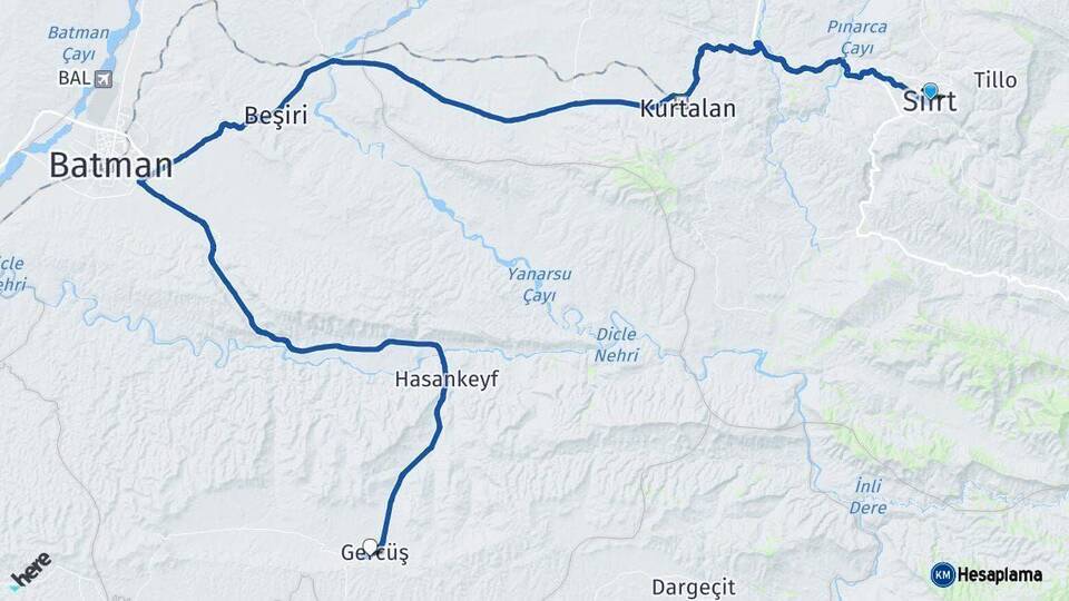 Siirt Gercüş Batman Arası Kaç Km - Yol Haritası