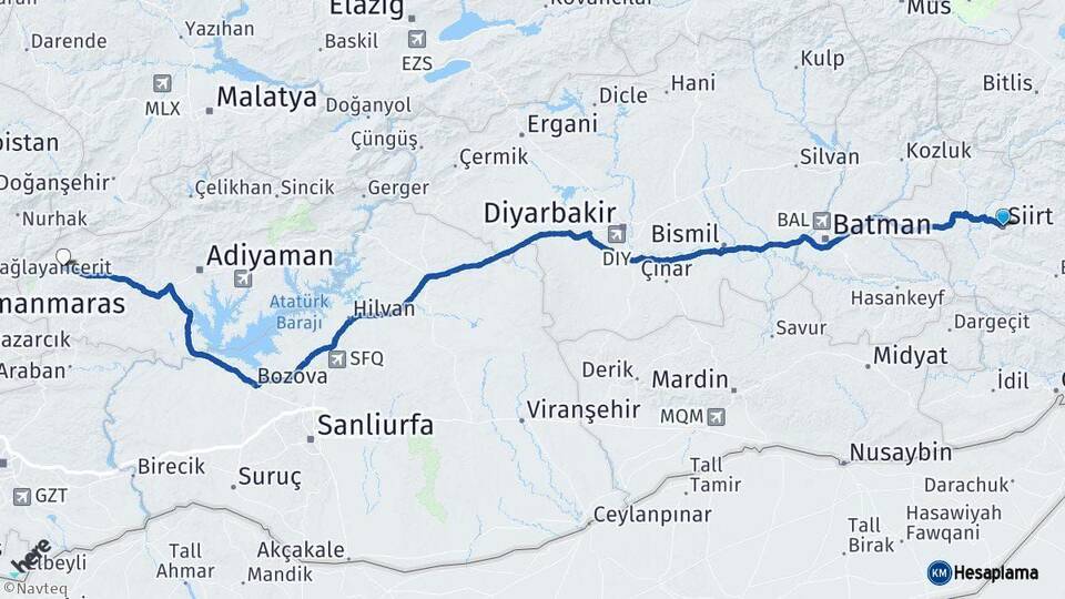 Siirt Gölbaşı Adıyaman Arası Kaç Km - Yol Haritası