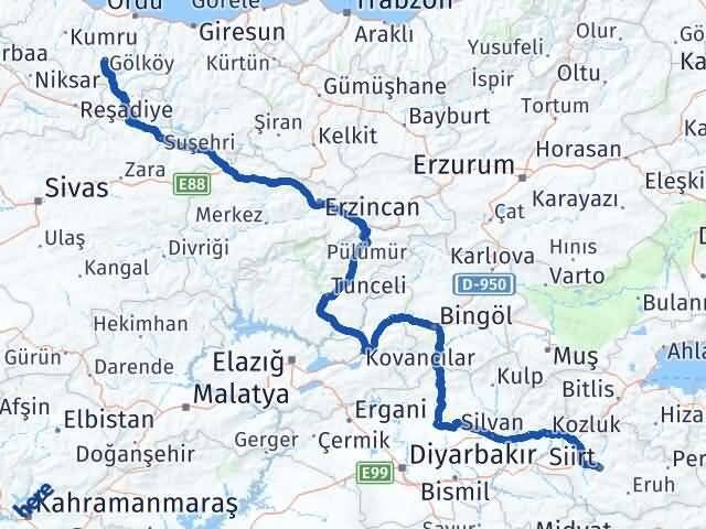 Siirt Gölköy Ordu Arası Kaç Km - Yol Haritası
