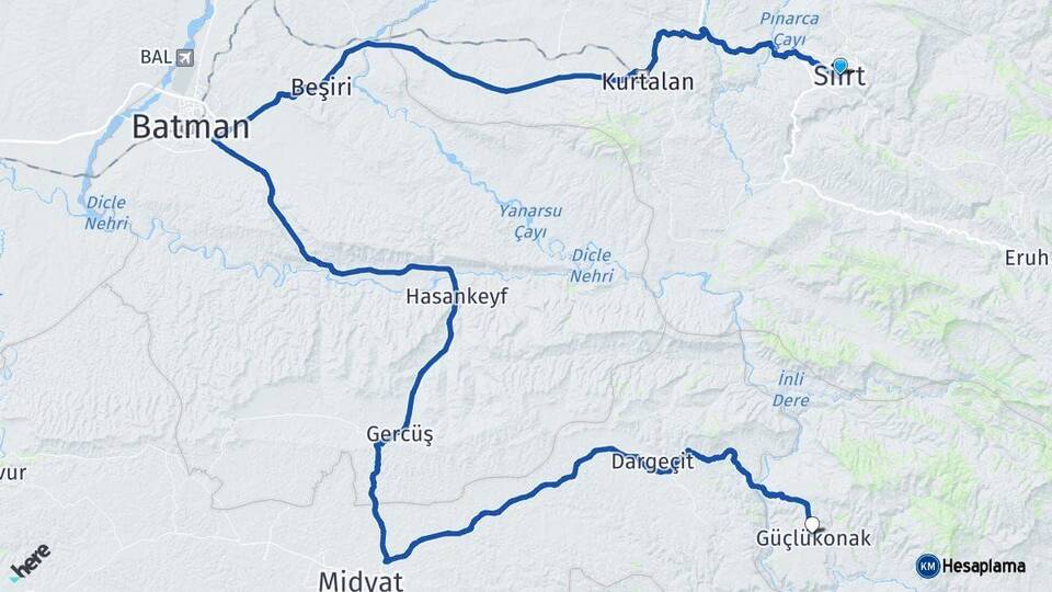 Siirt Güçlükonak Şırnak Arası Kaç Km - Yol Haritası