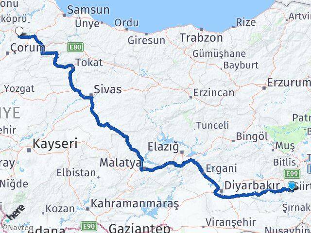 Siirt Gümüşhacıköy Amasya Arası Kaç Km - Yol Haritası