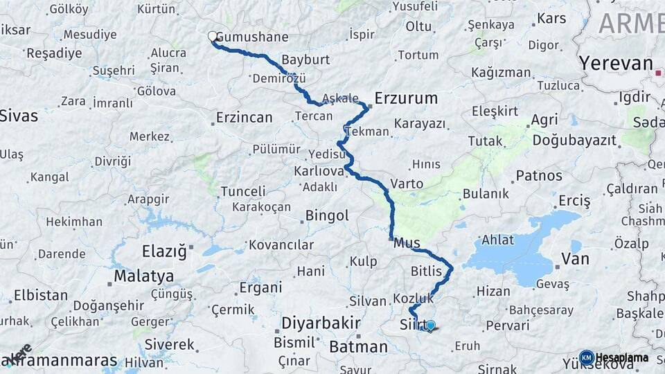 Siirt Gümüşhane Arası Kaç Km - Yol Haritası