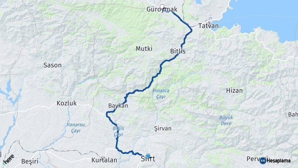 Siirt Güroymak Bitlis Arası Kaç Km - Yol Haritası