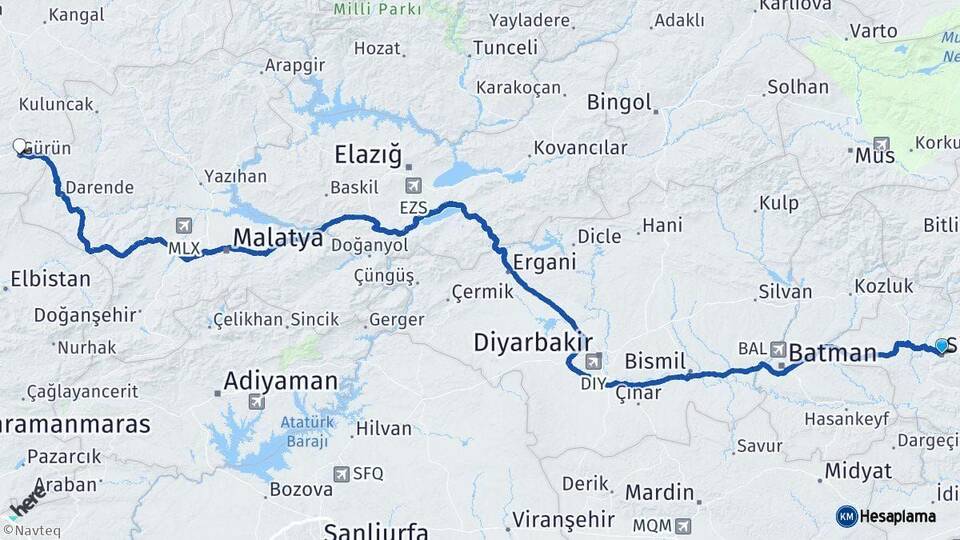 Siirt Gürün Sivas Arası Kaç Km - Yol Haritası
