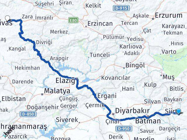 Siirt Hafik Sivas Arası Kaç Km - Yol Haritası