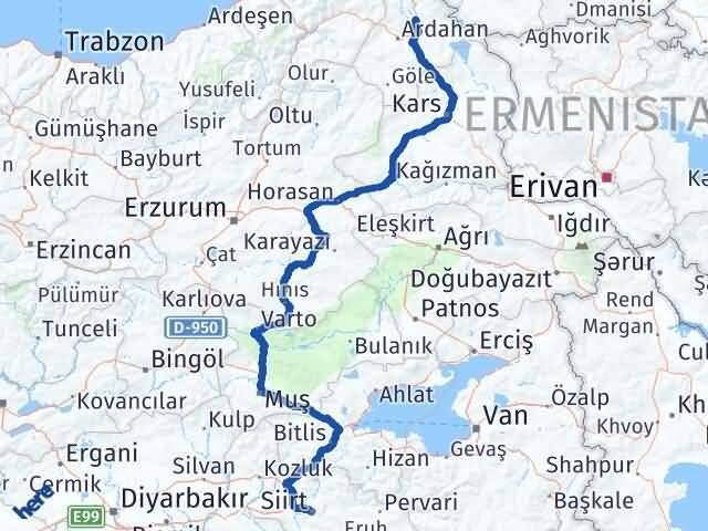 Siirt Hanak Ardahan Arası Kaç Km - Yol Haritası