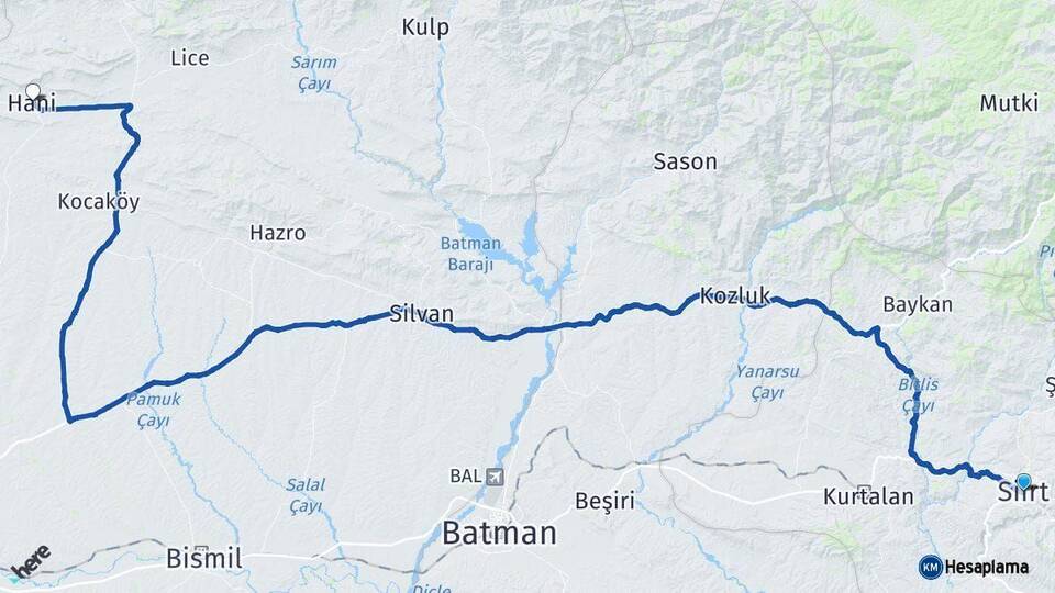 Siirt Hani Diyarbakır Arası Kaç Km - Yol Haritası