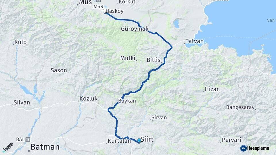 Siirt Hasköy Muş Arası Kaç Km - Yol Haritası