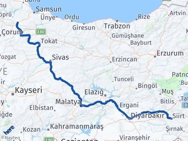 Siirt Havza Samsun Arası Kaç Km - Yol Haritası