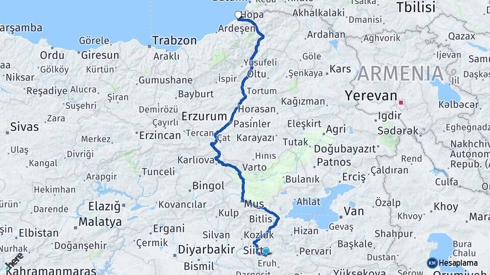 Siirt Hopa Artvin Arası Kaç Km - Yol Haritası