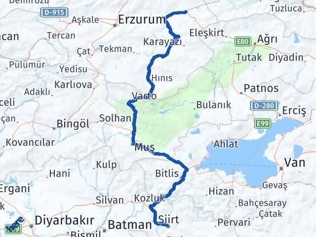 Siirt Horasan Erzurum Arası Kaç Km - Yol Haritası