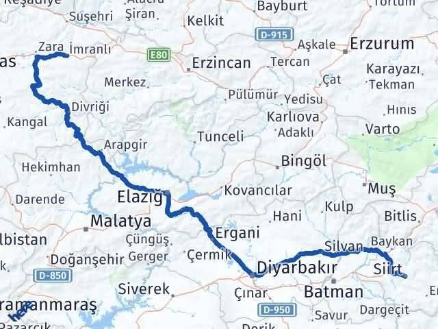 Siirt İmranlı Sivas Arası Kaç Km - Yol Haritası