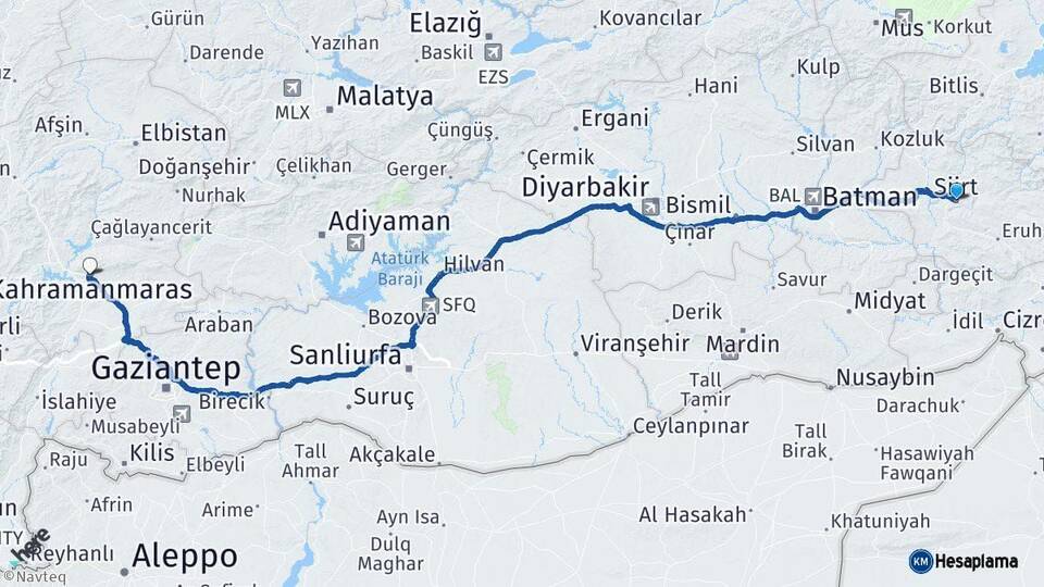 Siirt Kahramanmaraş Arası Kaç Km - Yol Haritası