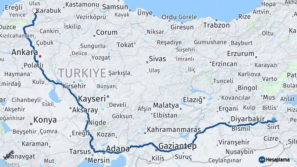 Siirt Karabük Arası Kaç Km - Yol Haritası