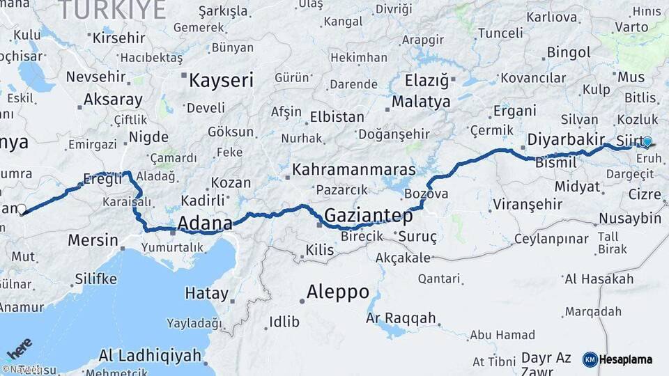 Siirt Karaman Arası Kaç Km - Yol Haritası