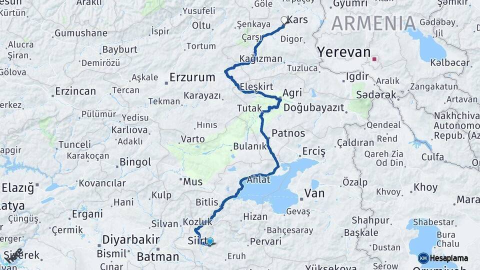 Siirt Kars Arası Kaç Km - Yol Haritası