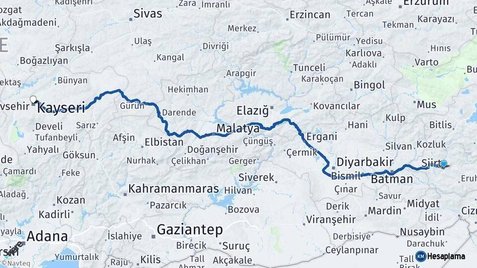Siirt Kayseri Arası Kaç Km - Yol Haritası